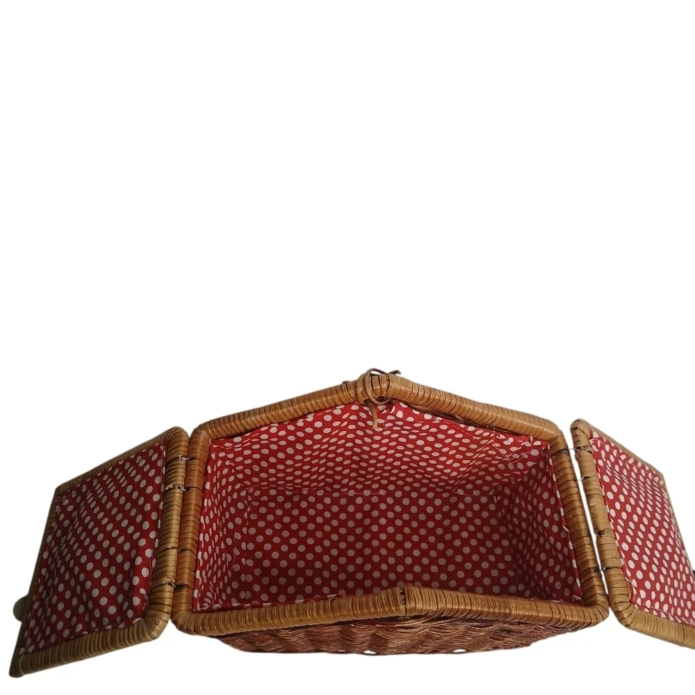 Woven Basket Wicker Leather-Look Velcro Strap Closure Red & White Polka Dot